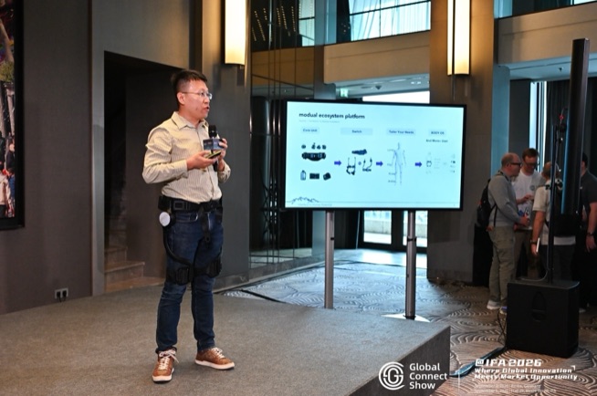 A speaker presents a product lineup on stage at GCS IFA 2026
